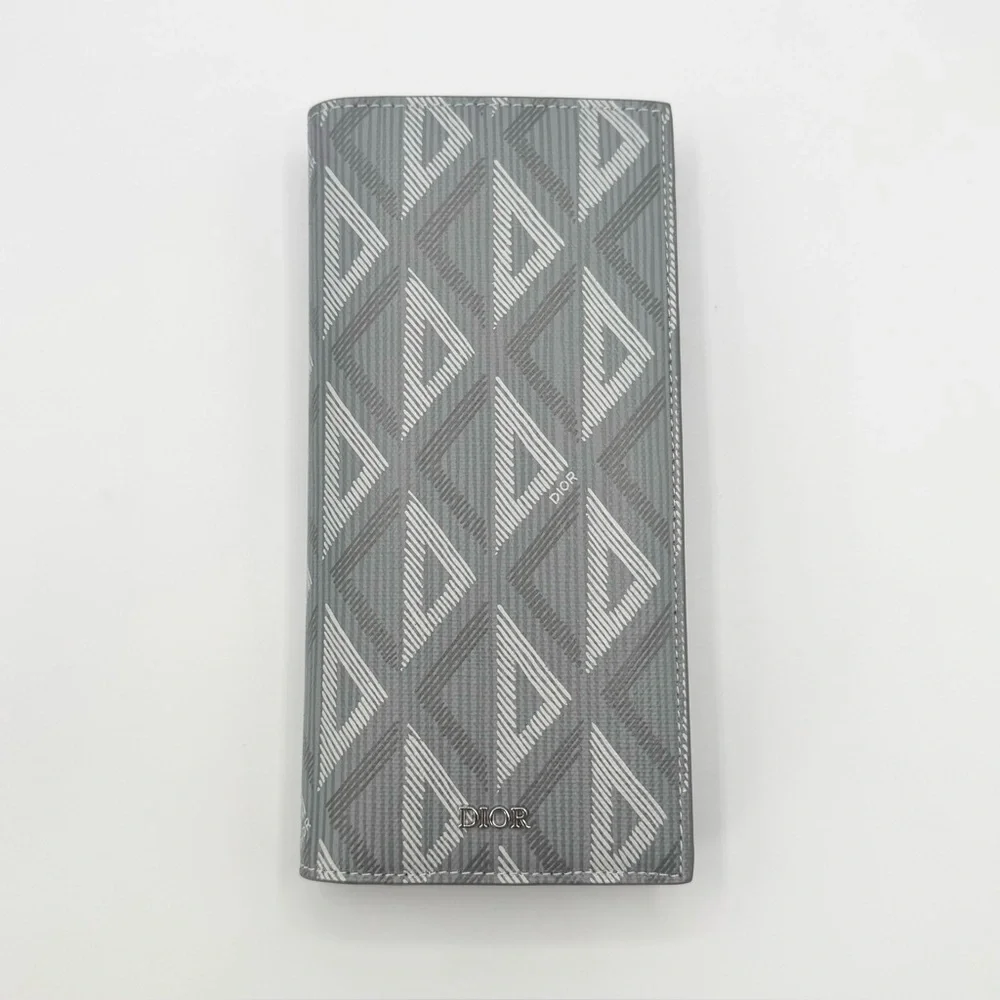 NEW Christian Dior Grey Vertical Long Bifold Wallet CD Diamond Canvas Calfskin